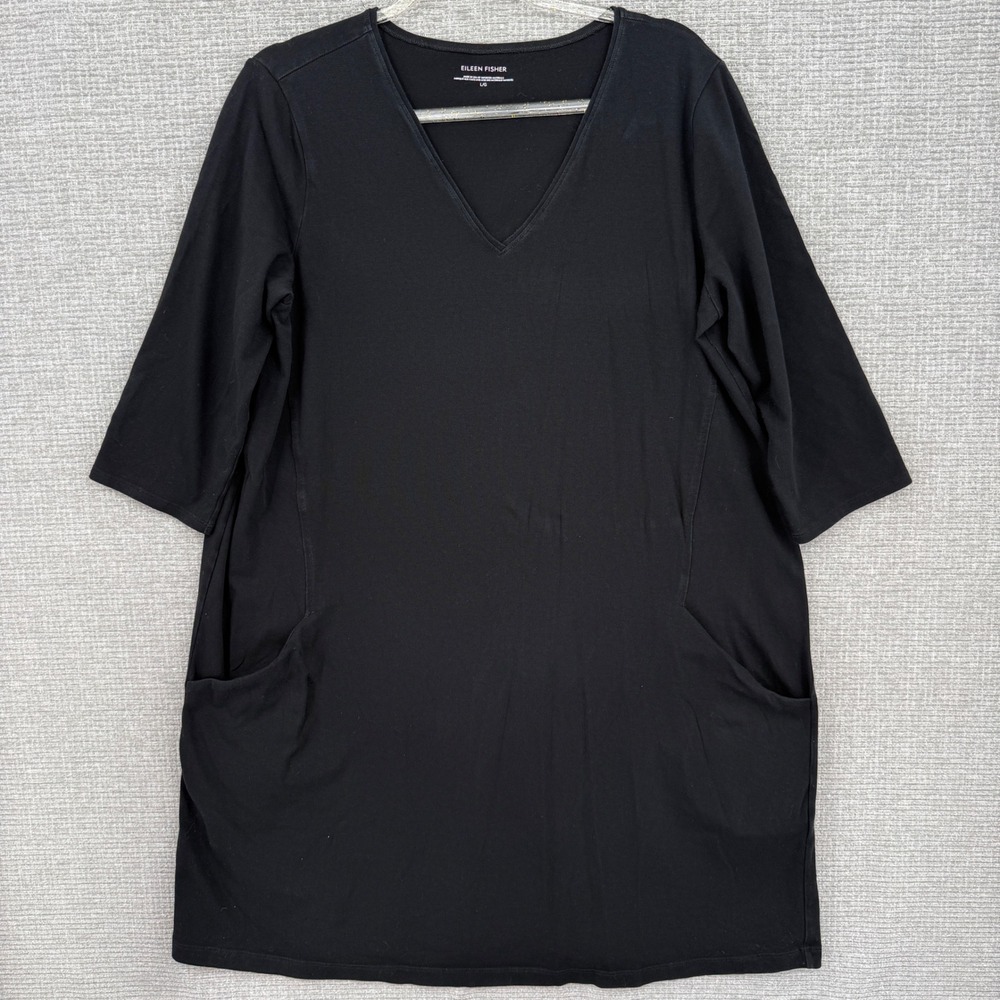 Eileen Fisher Black 3/4 Sleeve V Neck Casual Dress Pockets Sz L Lagom Minimalist